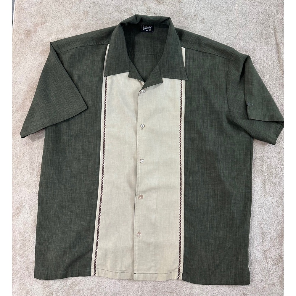 Steady Clothing Men 2X Bowling Shirt Olive Green Tan Rockabilly USA Made S/S EUC